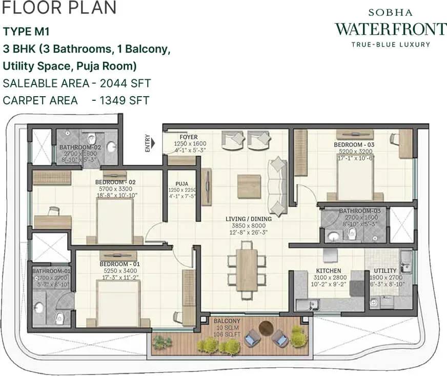 Sobha Waterfront apartments 3 BHK 2044 sq ft floor plan