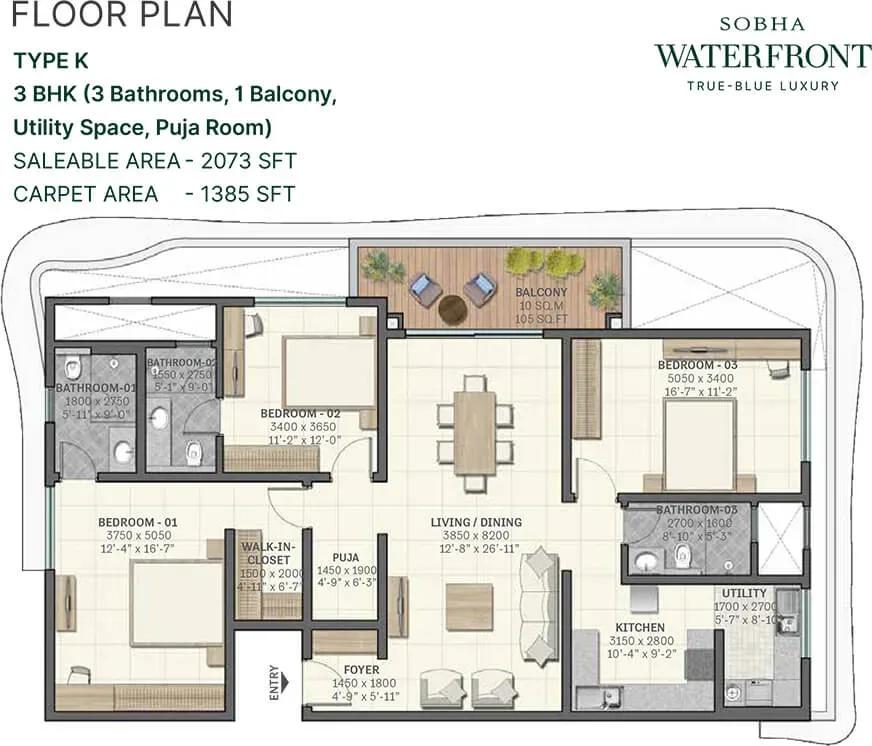 Sobha Waterfront apartments 3 BHK 2073 sq ft floor plan