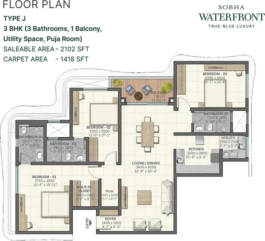 Sobha Waterfront apartments 3 BHK 2102 sq ft floor plan