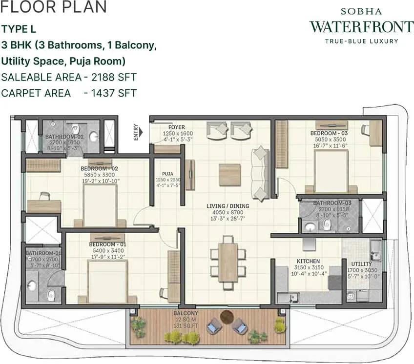 Sobha Waterfront apartments 3 BHK 2188 sq ft floor plan