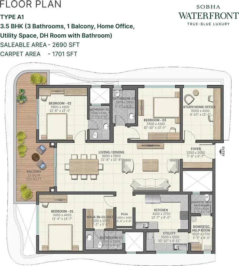 Sobha Waterfront apartments 3.5 BHK 2690 sq ft floor plan
