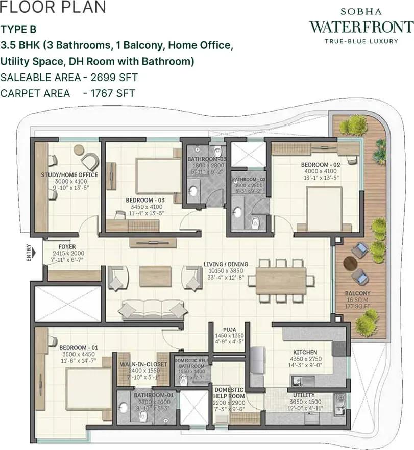 Sobha Waterfront apartments 3.5 BHK 2699 sq ft floor plan