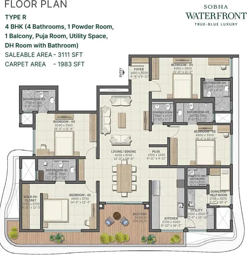 Sobha Waterfront apartments 4 BHK 3111 sq ft floor plan