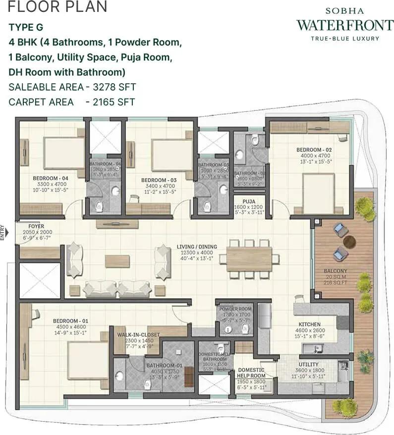 Sobha Waterfront apartments 4 BHK 3278 sq ft floor plan