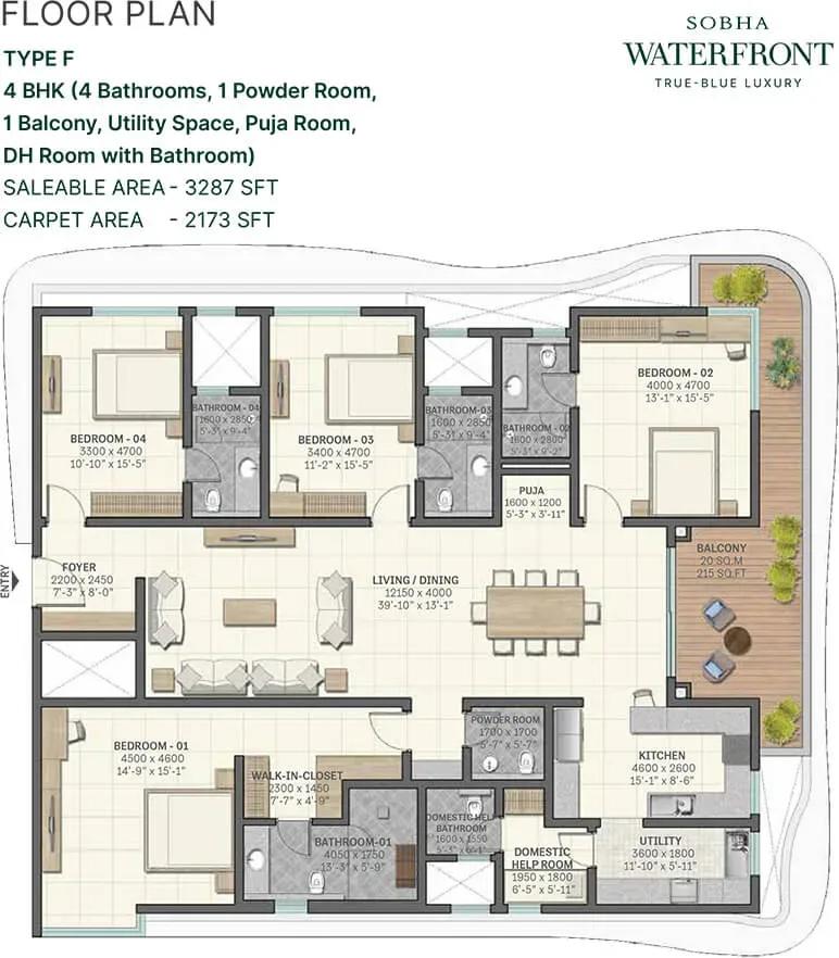 Sobha Waterfront apartments 4 BHK 3287 sq ft floor plan
