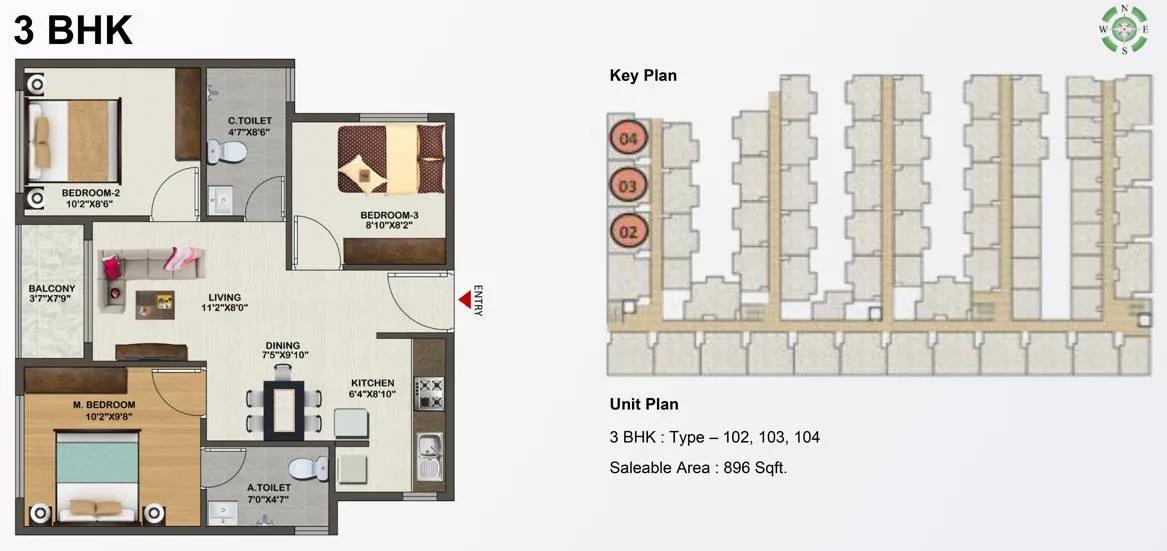 Sowparnika Indraprastha 3 BHK floor plan, about 896 sq ft