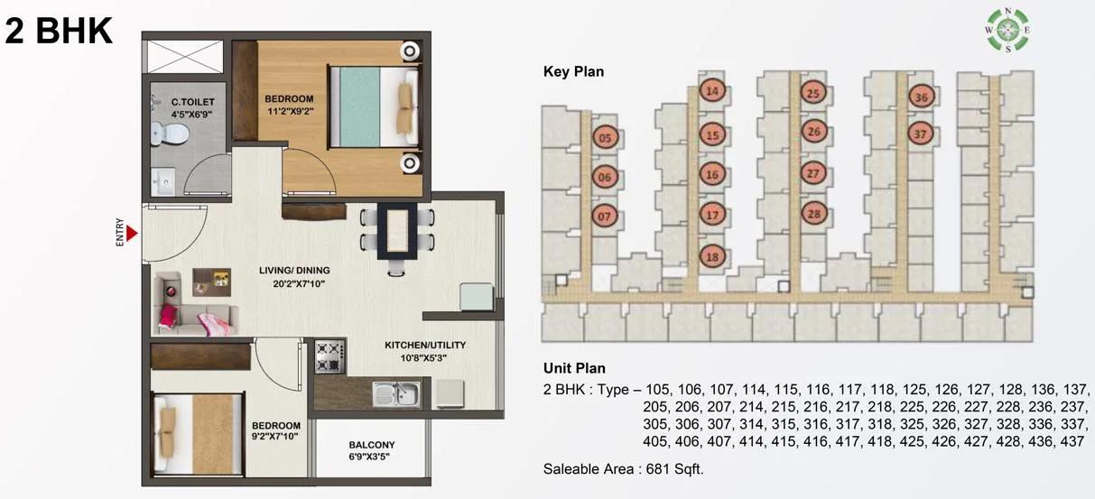 Sowparnika Indraprastha 2 BHK floor plan, about 681 sq ft