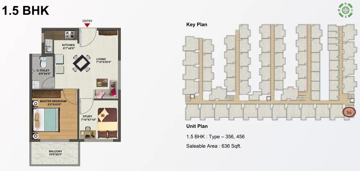 Sowparnika Indraprastha 1.5 BHK floor plan, about 636 sq ft