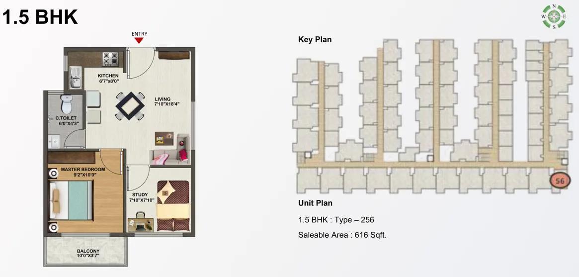Sowparnika Indraprastha 1.5 BHK floor plan, about 616 sq ft