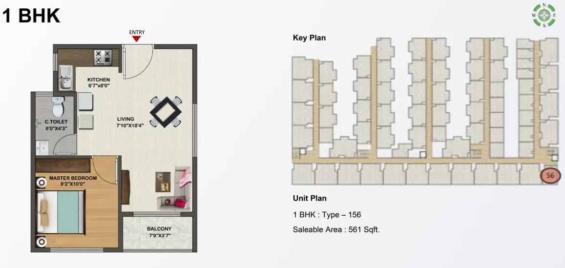 Sowparnika Indraprastha 1 BHK floor plan, about 561 sq ft