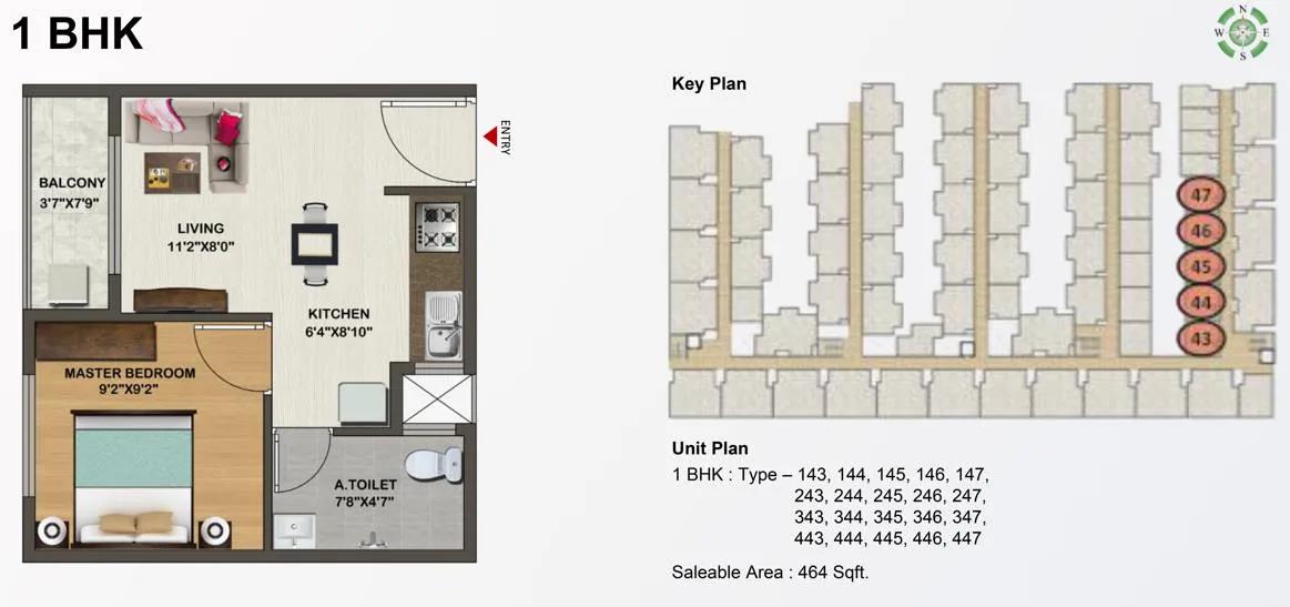 Sowparnika Indraprastha 1 BHK floor plan, about 464 sq ft