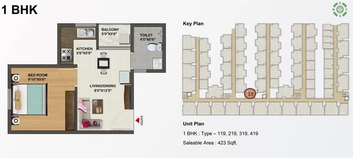Sowparnika Indraprastha 1 BHK floor plan, about 423 sq ft
