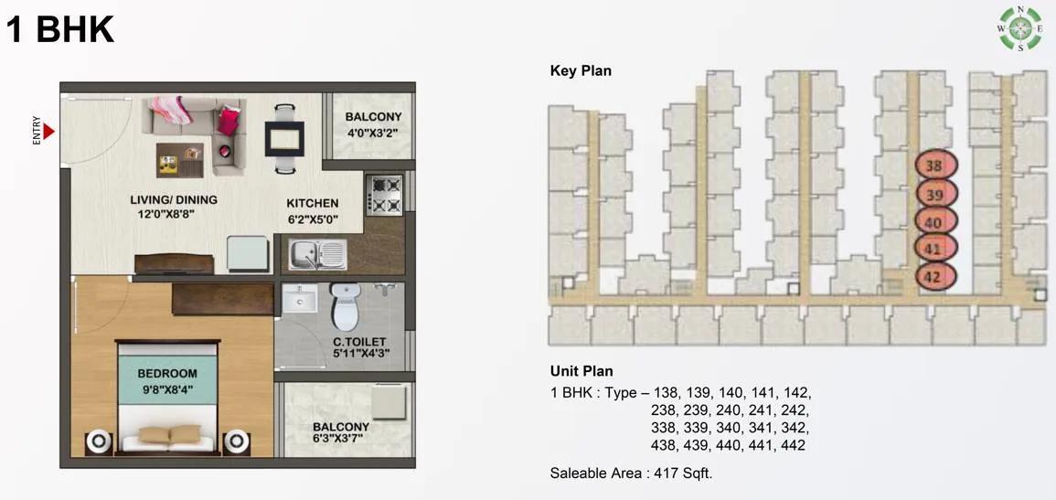 Sowparnika Indraprastha 1 BHK floor plan, about 417 sq ft