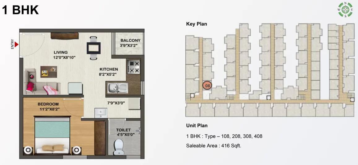 Sowparnika Indraprastha 1 BHK floor plan, about 416 sq ft