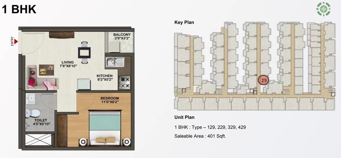 Sowparnika Indraprastha 1 BHK floor plan, about 401 sq ft