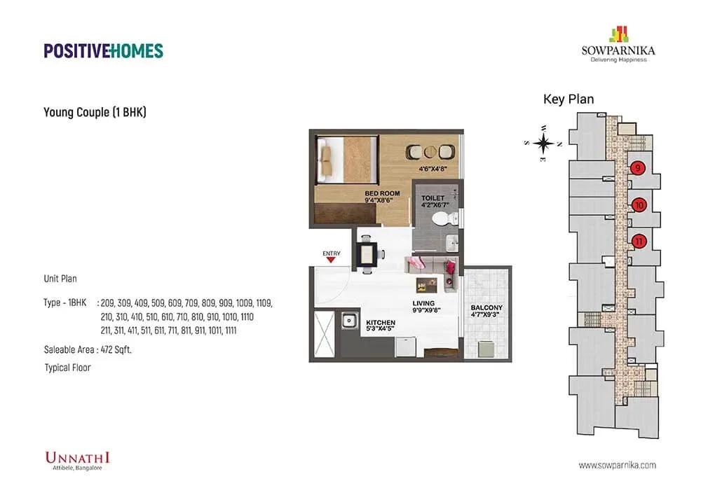 Sowparnika Unnathi 1 BHK 472 sq ft floor plan