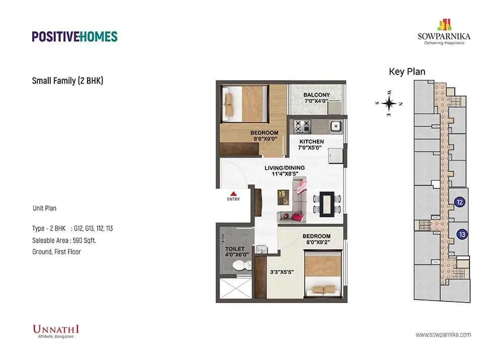 Sowparnika Unnathi 2 BHK 590 sq ft floor plan