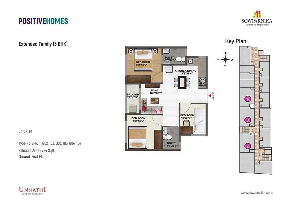 Sowparnika Unnathi 3 BHK 784 sq ft floor plan