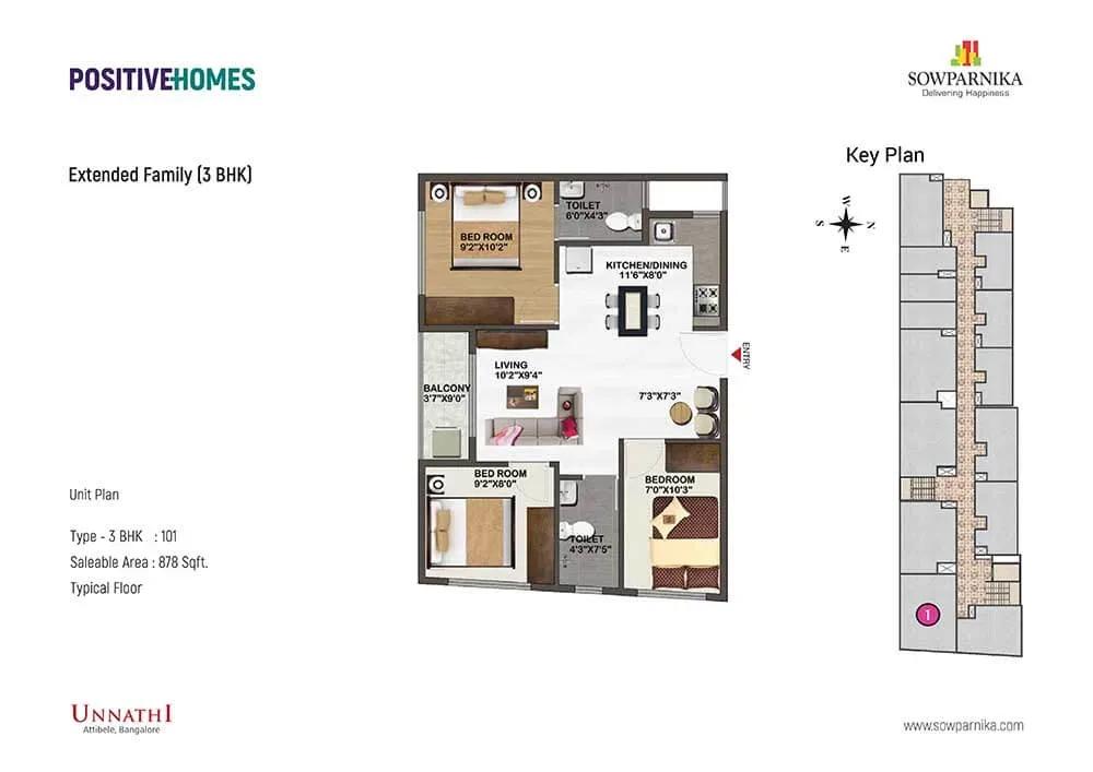 Sowparnika Unnathi 3 BHK 878 sq ft floor plan