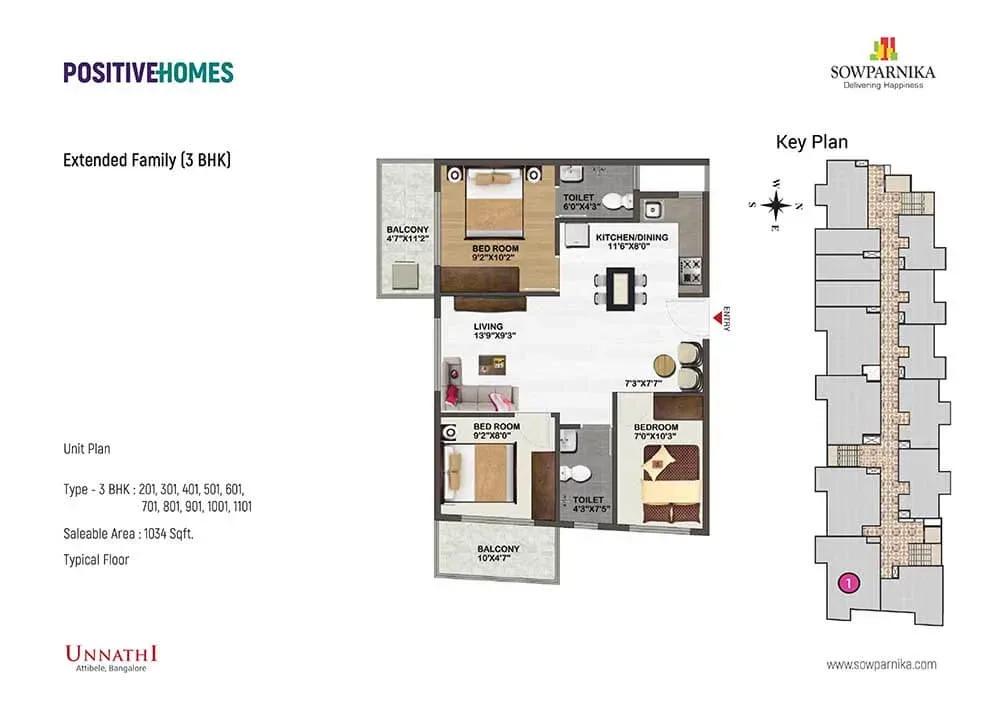 Sowparnika Unnathi 3 BHK 1034 sq ft floor plan