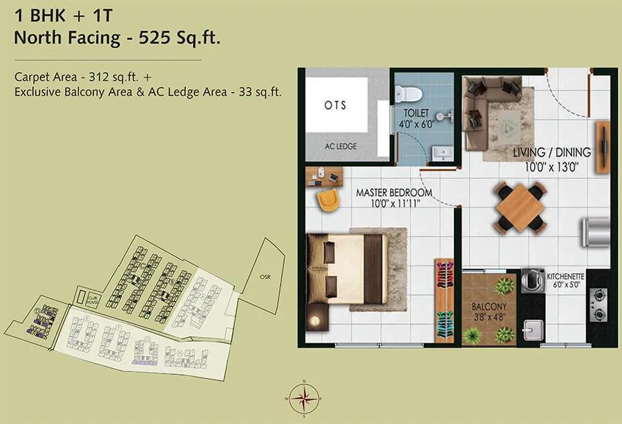 Urbanrise Revolution One 1 BHK floor plan, about 525 sq ft