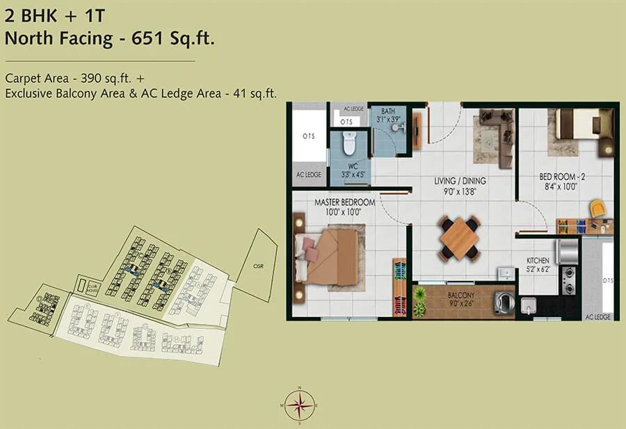 Urbanrise Revolution One 2 BHK floor plan, about 651 sq ft
