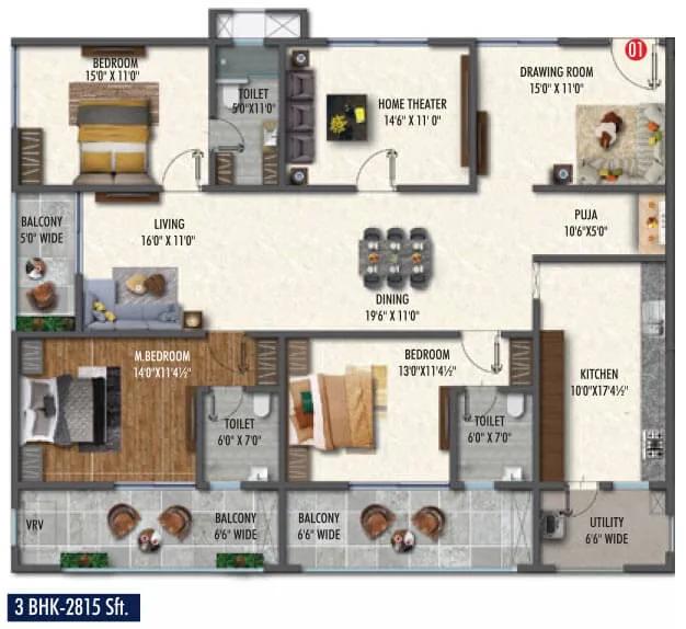 Vasavi Skyla 3 BHK floor plan, about 2,815 sq ft
