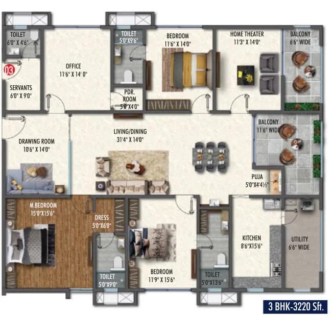 Vasavi Skyla 3 BHK floor plan, about 3,220 sq ft