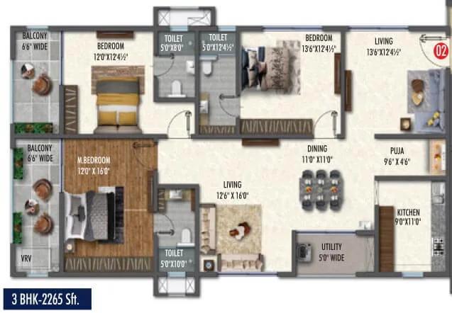 Vasavi Skyla 3 BHK floor plan, about 2,265 sq ft
