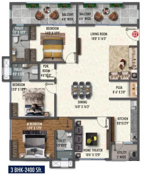 Vasavi Skyla 3 BHK floor plan, about 2,400 sq ft